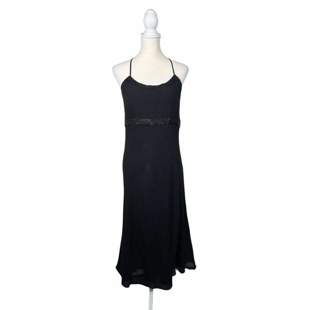 Vintage Y2K Casual Corner 100% Silk Bead Spaghetti Strap Dress Size 14 Cocktail